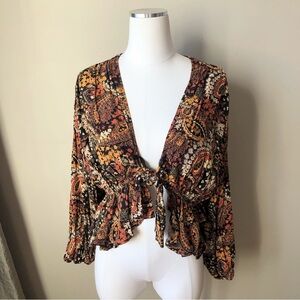 Urban Outfitters Fall colors paisley print ruffle waist tie boho blouse XS